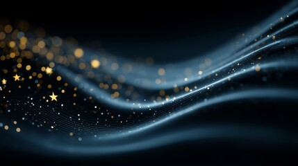 Wall Mural - Flowing Luminous Waves and Golden Stars in Dark Space with Glowing Particles and Cosmic Motion Lines Showing Energy Flow and Dreamlike Movement in Abstract Digital Fantasy Universe