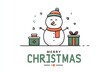 © MKS - Against a cream background adorned with Merry Christmas text, stars, and dots, a snowman wearing a Santa hat stands next to a wrapped red gift on a snowy ground