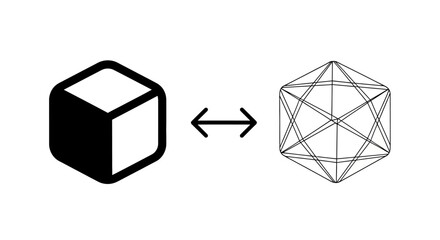 Abstract concept of transformation from a simple solid block to a complex wireframe network structure, symbolizing technology and data