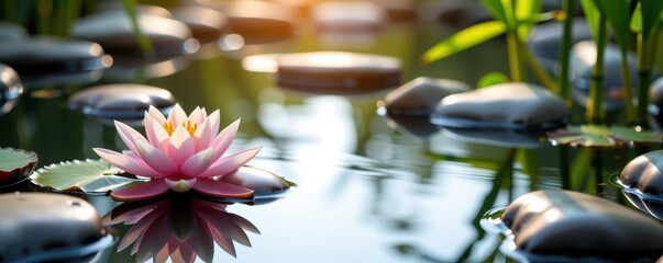 Wall Mural - Serene water lily floats atop tranquil water, nestled amongst smooth grey stones and elegant bamboo stalks, water, calm