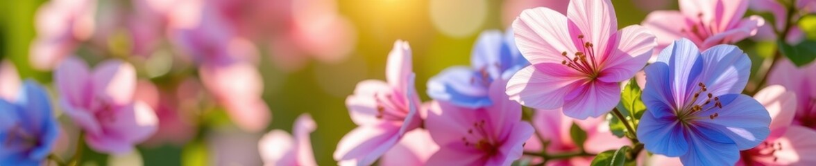 Wall Mural - Delicate pastel pink and blue blossoms bathed in soft sunlight, gentle petals unfurling in a tranquil garden scene, peaceful, flower arrangement