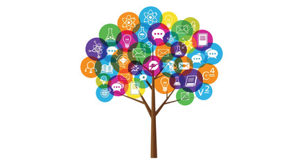 Vector illustration of tree of knowledge with colorful icons representing education, technology, and communication