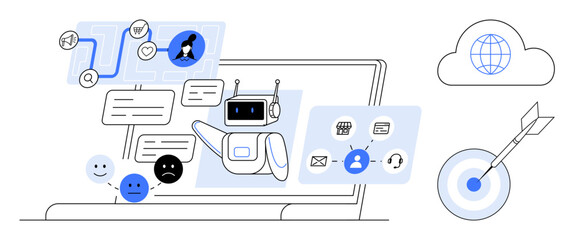 Wall Mural - Robot responding to chat bubbles, emotion feedback, laptop, interconnected cloud, and target symbol. Ideal for technology, automation, communication, customer service digital marketing AI concepts