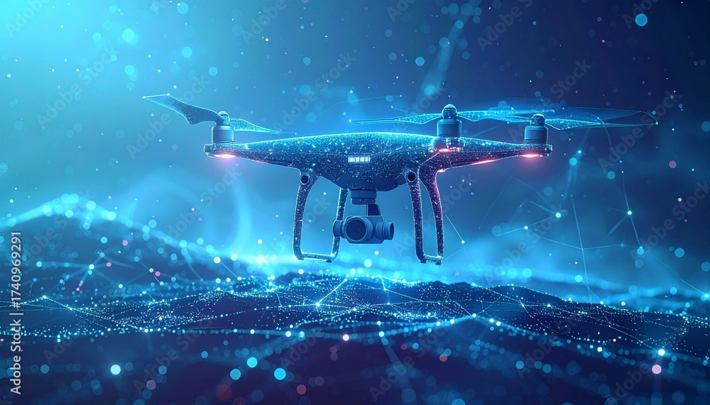 Drone flying over digital grid landscape, glowing blue nodes, camera ...