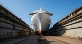 Front view of a large cruise ship docked in a dry dock under a clear blue sky, undergoing maintenance and repairs