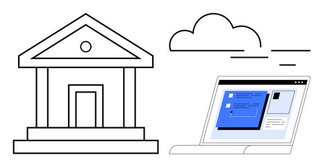 Wall Mural - Laptop displaying a digital banking interface next to a traditional bank building under a stylized cloud. Ideal for finance, banking, technology, innovation, cloud computing, fintech, online