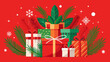 © SSCP DESIGN - Vector art of festive christmas gifts with fir branches and snowflakes on a red background, creating a joyful and celebratory holiday atmosphere