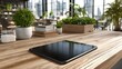 © Jakael - Modern Workspace: Tablet on Rustic Wooden Desk with Greenery and City View