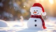 © mekar - A jolly snowman, warmly adorned in a red Santa hat and scarf, stands in a serene, snowy winter landscape with blurred background