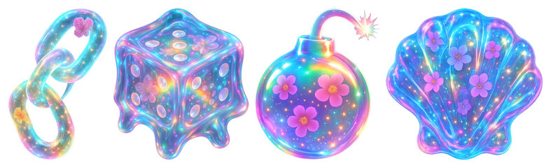 Wall Mural - PNG Colorful iridescent cosmic objects, element set on transparent background