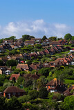 Houses and lush green trees cover a sunny suburban hillside under a blue sky. East Sussex countryside, England