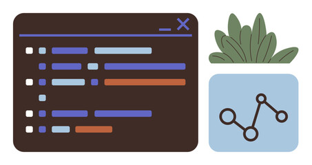 Web interface tab displays progress tracking and data chart alongside a potted plant. Ideal for analytics, coding, productivity, organization, technology, modern design, simplified workflows. Simple