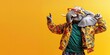 © Alexander LW - A fashionable elephant dressed in a trendy jacket and glasses dances on a wide banner with space for text