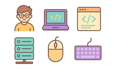 Modern flat style programming icon set featuring code, developer, and technology elements