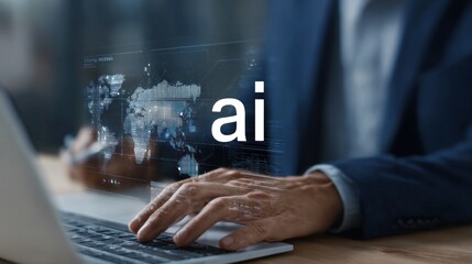 Professional using laptop to explore AI technology and data analytics in modern workspace