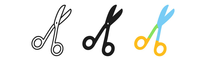 Stylized scissors: linear, silhouette, and colorful design variations