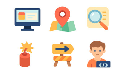 Colorful flat design icons: computer, map, magnifying glass, bomb, signpost, developer