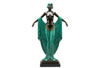 Art Deco bronze statue of woman with green dress isolated on transparent background, vintage sculpture