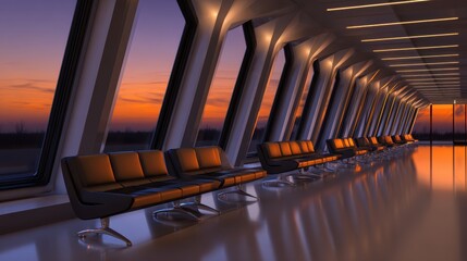Wall Mural - Modern airport lounge at sunset with sleek seating and vibrant sky reflecting through large windows