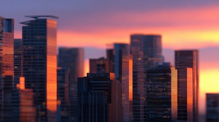 Wall Mural - Stunning sunset over a modern city skyline, highlighting gleaming skyscrapers reflecting vibrant colors