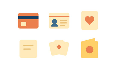 Minimalist icon set featuring card, id, heart, text, game, and camera elements