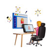 © wiston - 3D Graphic Designer Character Illustration with Transparent Background Featuring a Woman at Her Desk with Design Software and Tools