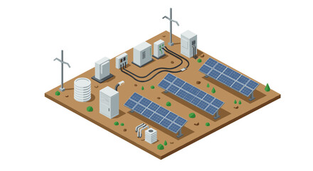 Isometric solar power plant with panels and equipment in desert landscape