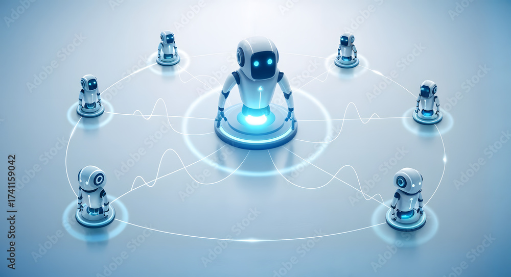 Teamwork Bot Concept of a multi-agent system or AI teamwork. A central robot leader ...