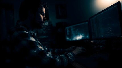 A focused programmer works late into the night coding on multiple monitors in a dimly lit room bathed in screen light