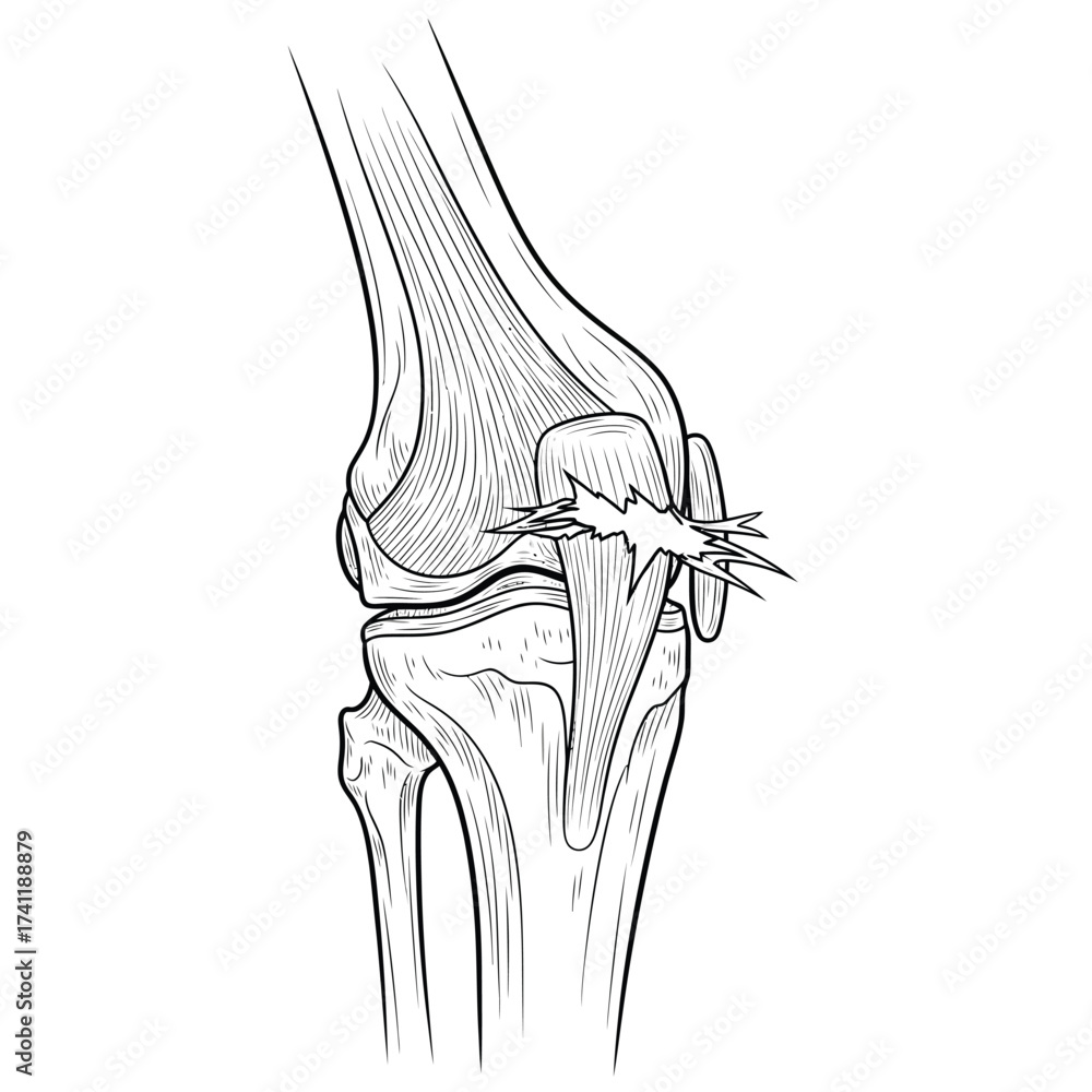 Torn ACL in human knee joint. Anterior cruciate ligament sports injury ...