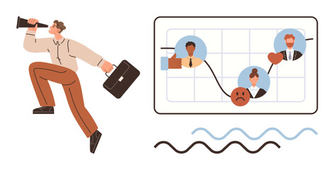 Businessperson with megaphone and briefcase. Performance graph featuring avatars, sad face, growth arrows. Ideal for teamwork, management, communication, leadership, growth strategy HR simple flat