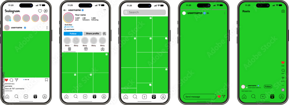 Complete set of Instagram mobile mockups with green screen areas, home ...
