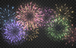© Leonid - Festive fireworks with brightly shining sparks. New Year's Eve fireworks. Realistic sparks and explosions. Colorful pyrotechnics show. Vector isolated on png background.