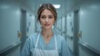 © The 2R Artificiality - Portrait of female medical assistant wearing scrubs and apron standing in a hospital corridor with soft lighting and neutral tones in background