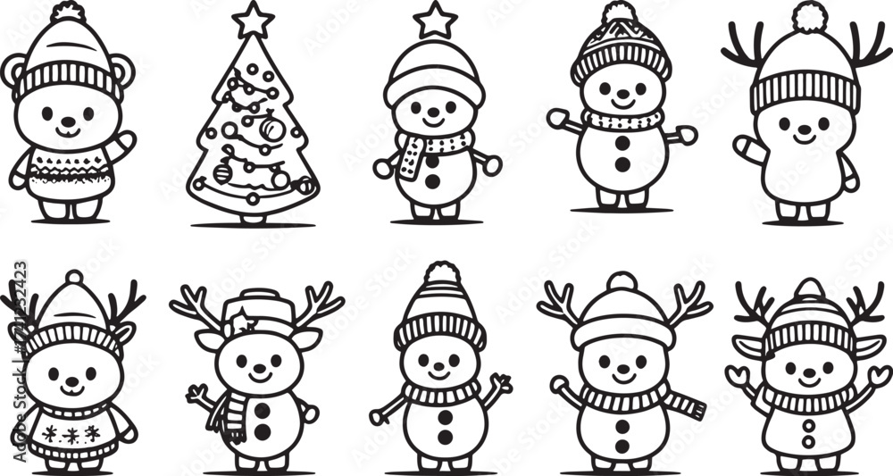 Mega Set of 10 Cute Kawaii Christmas Characters and Tree Black and ...