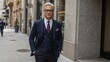 © The 2R Artificiality - Mature businessman in tailored suit and glasses walking confidently on urban street, illustrating contemporary men's fashion and eyewear style.