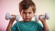 © The 2R Artificiality - Child Exercising with Paper Weights in Hands Displaying Focused Expression Against a Gradient Background