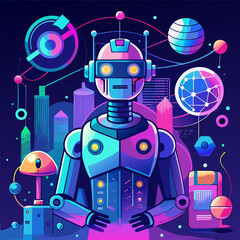 Futuristic robot illustration with neon colors and geometric shapes ideal for technology and artificial intelligence concepts