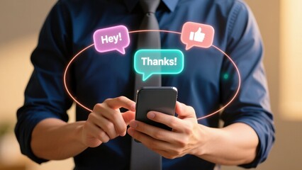 Businessman using smartphone with floating chat bubbles and icons, message alert, digital communication
