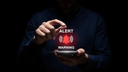 Man holding smartphone with glowing holographic bell icon and alert warning text, futuristic icons, message alert, digital communication