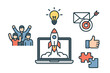© Ciara - Startup business success concept. Rocket launching from laptop. Teamwork, innovation, and marketing icons. Project launch, new idea, business growth and development vector.