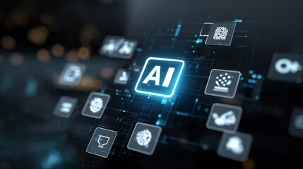 Artificial intelligence interface with glowing ai text and icon concept