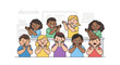 © il - Diverse group of happy children clapping and cheering in a classroom setting.