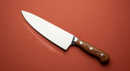 Sharp, professional chef's knife with polished steel blade and wooden handle on a textured surface