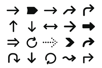 Big collection of vector arrow icons for navigation and user interface design. Set of black symbols, pointers, and cursors for web and app development on white background.