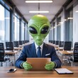 © ms - Alien businessman working in the office with a tablet and a smartphone