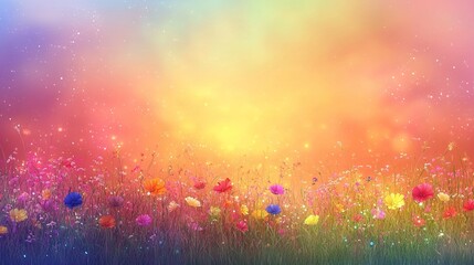 Wall Mural -  A field of vibrant wildflowers under a colorful sky and starry night