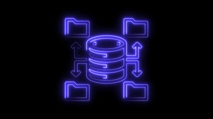 Wall Mural - Database file transfer neon icon animation on black background for data processing and storage