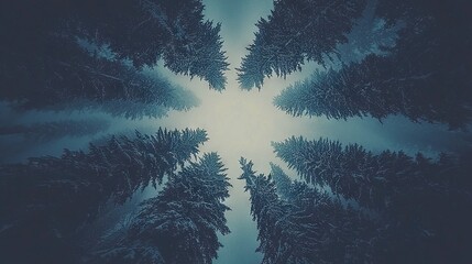 Wall Mural -   A group of trees in a forest with a blue sky in the background and a white sky overhead