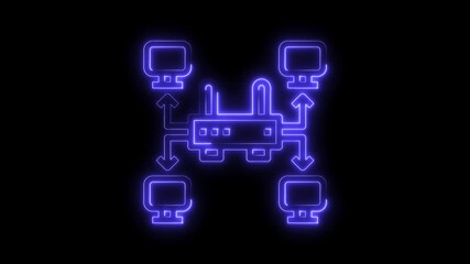 Wall Mural - Neon network router connecting computers with data flow for business technology solutions